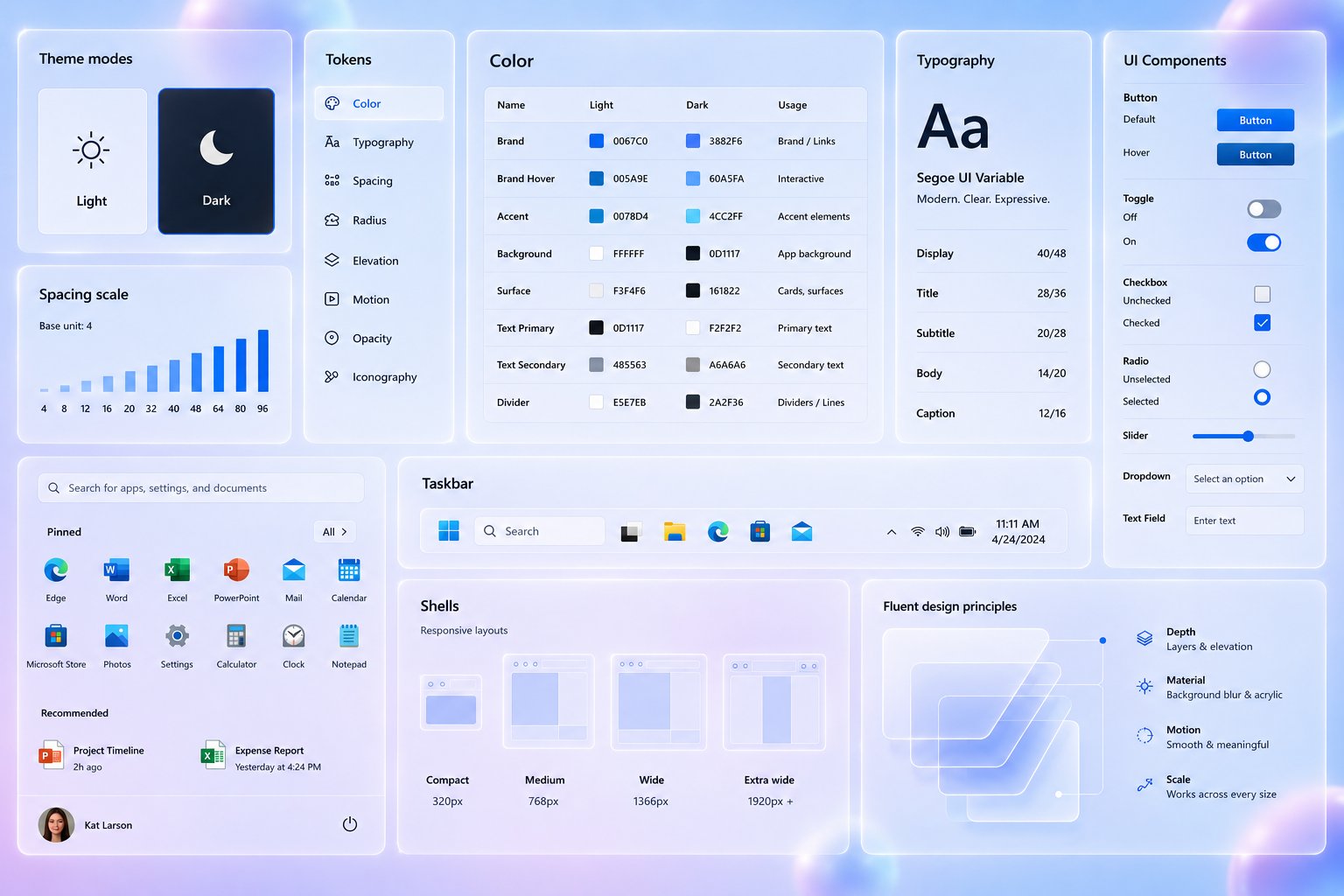 Windows Fluent design system tokens and components