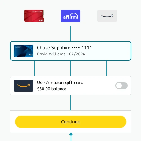 The Primary payment method component in the Pay Studio Figma file, wired to its card logos, the gift card row and the Continue footer
