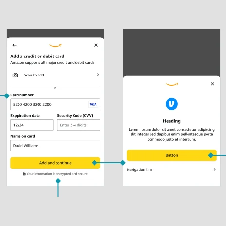 Two Pay Studio templates in the Figma file, Add a credit or debit card and a base sheet, linked by prototype connectors