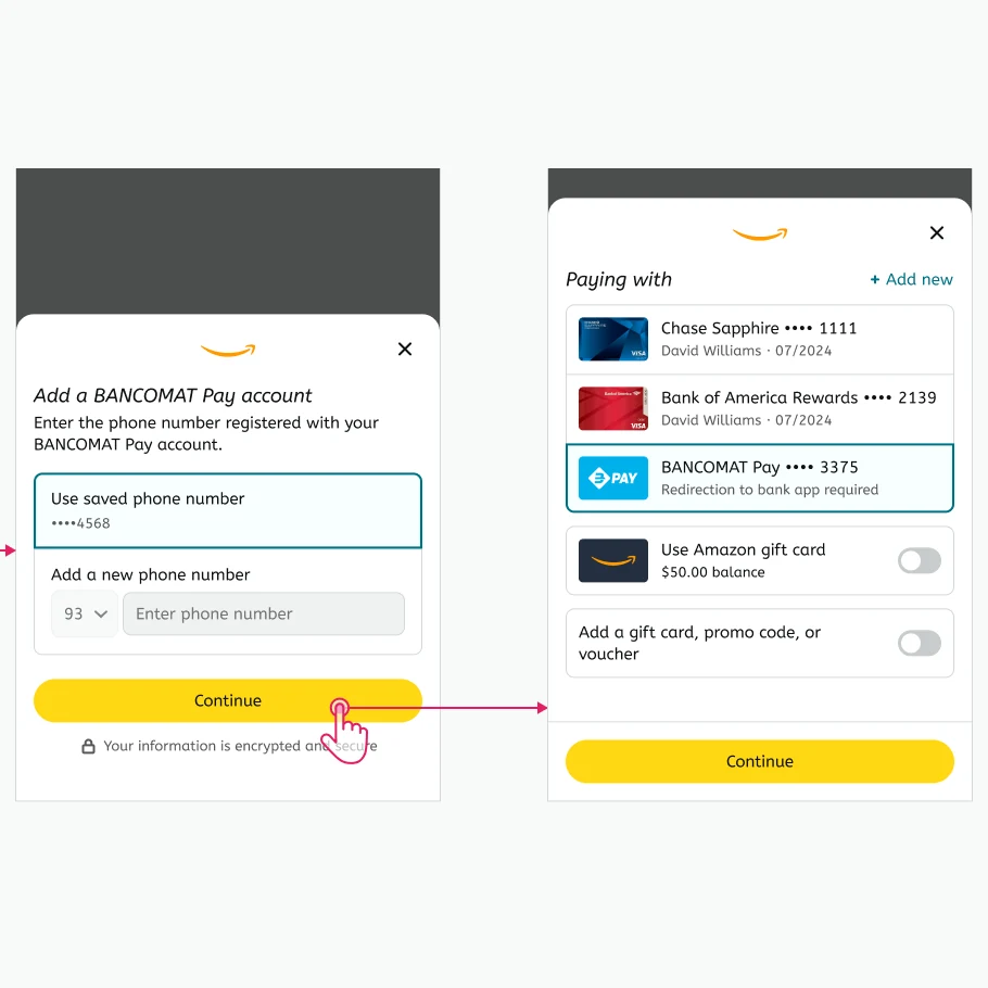The last two steps of the BANCOMAT Pay use case: register a phone number, then back to the wallet with BANCOMAT Pay selected
