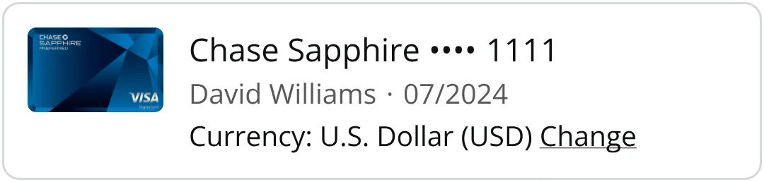 Chase Sapphire card with Currency: U.S. Dollar (USD) and a Change link