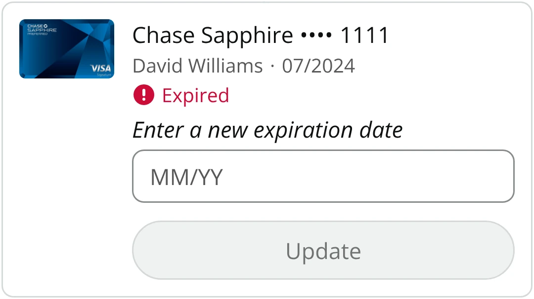 Chase Sapphire card marked Expired, with a new expiration date field and an Update button