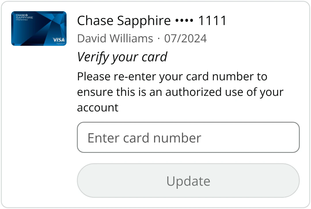Chase Sapphire card with a Verify your card prompt, a card number field and an Update button