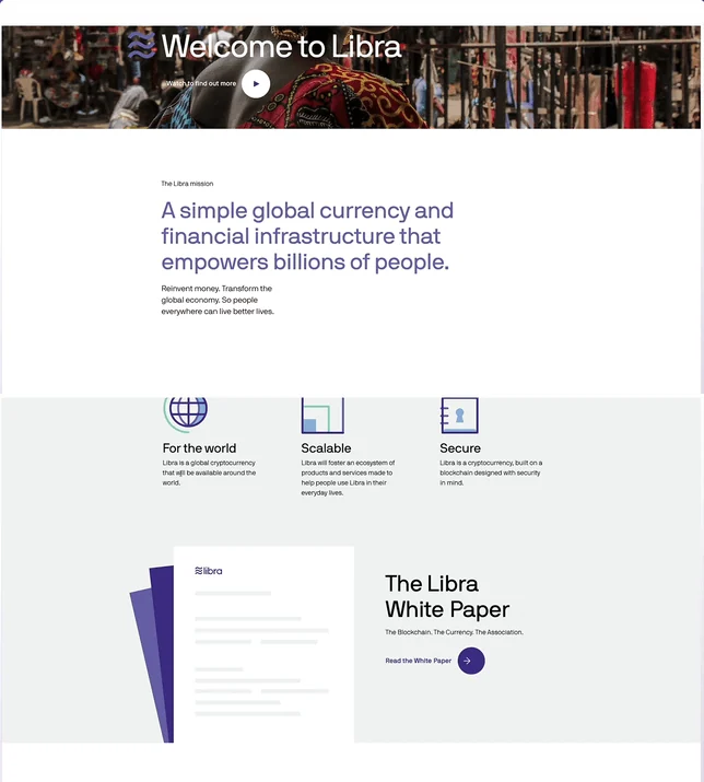 The libra.org homepage: Welcome to Libra, the mission statement, and the white paper