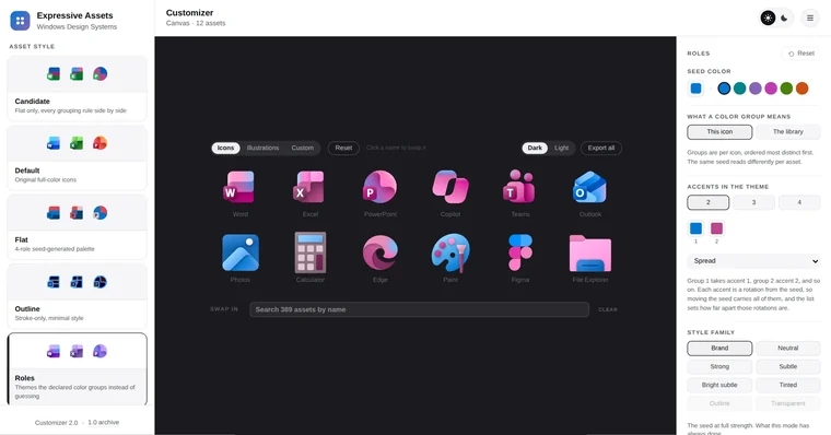 The Customizer theming the icon set from one seed color